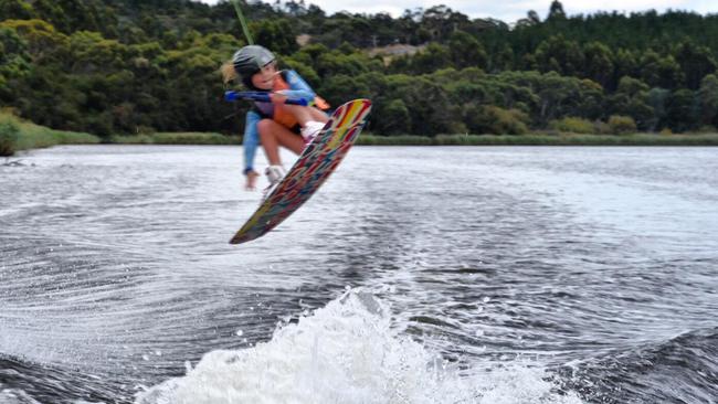 A Wakeboarder at the Tasmanian State Titles for Grom Girls in Wakeboarding at Lake Meadowbank. Picture: Supplied.