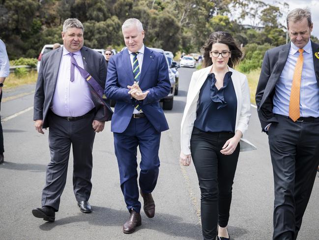 Kerry Vincent, in his former role as Sorell Mayor, with then Acting Prime Minister Michael McCormack, during an announcement on the Midway Point road upgrade in 2020. Picture: Richard Jupe