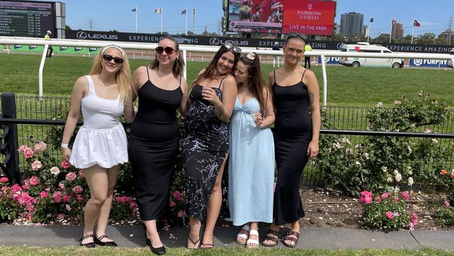 Caoimhe, Nollie, Domenique, Leo and Lilli at the 2024 Crown Oaks Day, held at Flemington Racecourse. Picture: Gemma Scerri