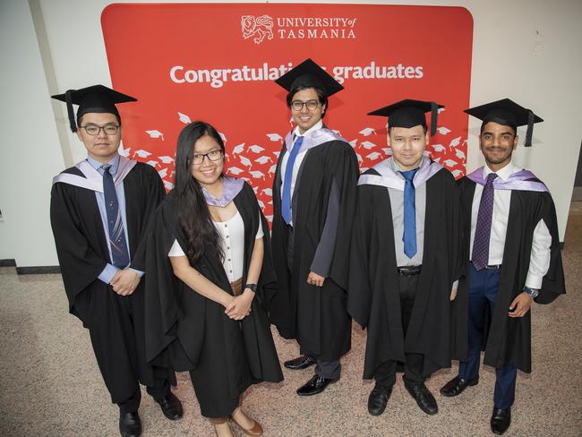 Hon Yap, Carl Lyn Ooi, Akaash Swaris, Naqi Saharudin and Vishnu Vennalaganti. UTAS graduations. School of College of Health and Medicine Graduate Research. Picture: RICHARD JUPE
