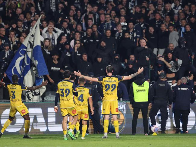 GOSFORD, AUSTRALIA - MAY 25: Ryan Edmondson of the Central Coast Mariners celebrates his second goal during the A-League Men Grand Final match between Central Coast Mariners and Melbourne Victory at Industree Group Stadium, on May 25, 2024, in Gosford, Australia. (Photo by Robert Cianflone/Getty Images)