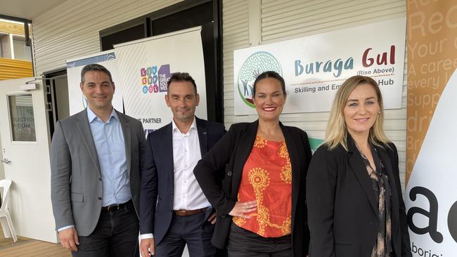 Liverpool Mayor Ned Mannoun; Raz Favotto, Lendlease; Kristy Masella, Aboriginal Employment Strategy; Celeste Dargan, Lendlease at the Buraga Gul opening in Liverpool. Picture: Paul Brescia