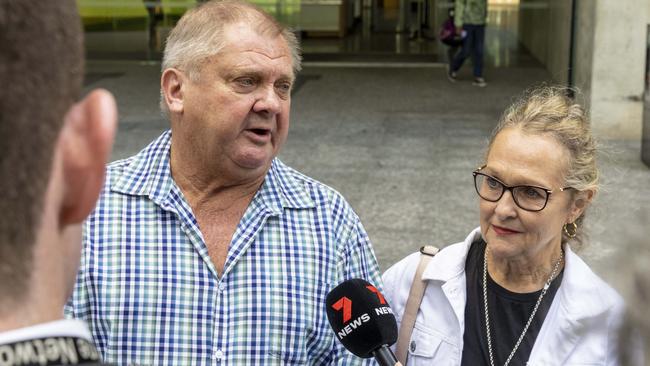 Matt Field’s parents Russell and Ann address the media outside court. .