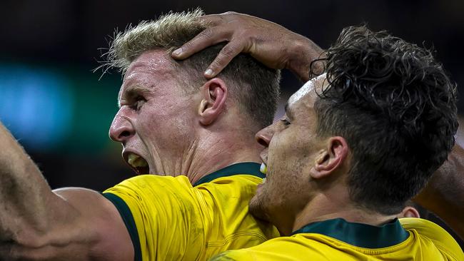 Reece Hodge (left) and the Wallabies are heading to Melbourne. Pic: AFP