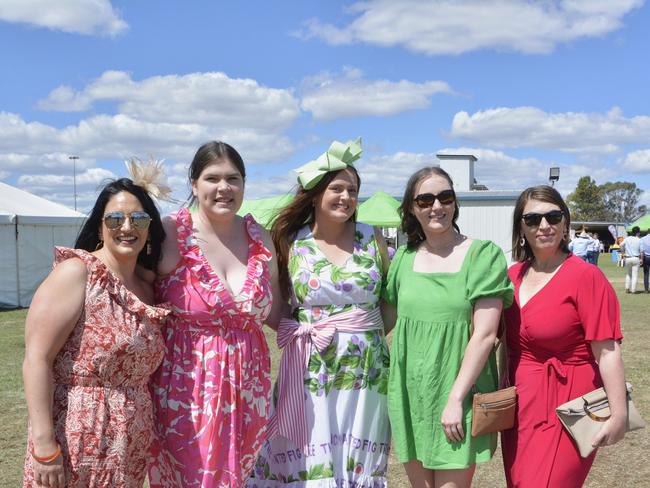 At the Clifton Races are (from left) Kim Donaldson, Makeelie Dowton, Alexandra Baird, Kellie Smith and Sarah Rossiter, Saturday, October 28, 2023. Picture Jessica Klein