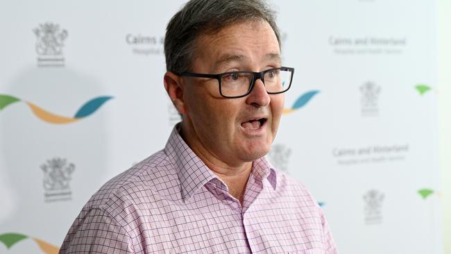 Cairns Hospital acting chief executive Dr Jeremy Wellwood delivers a Covid update. Picture: Isaac McCarthy