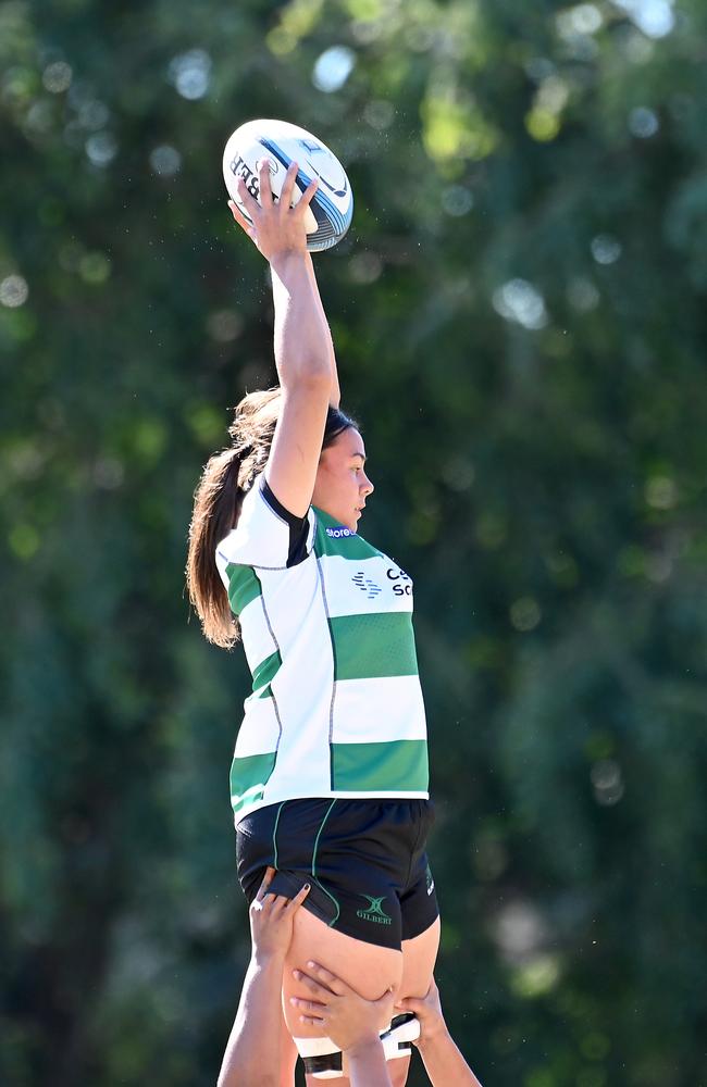 Amanii Misa winning a lineout in the StoreLocal Premier Women club rugby union competition for Sunnybank. Saturday July 20, 2024. Picture, John Gass