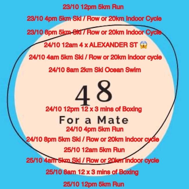 The schedule for the “48 For A Mate” exercise challenge to raise money, and awareness, for mental health support group LIVIN. Picture: Supplied