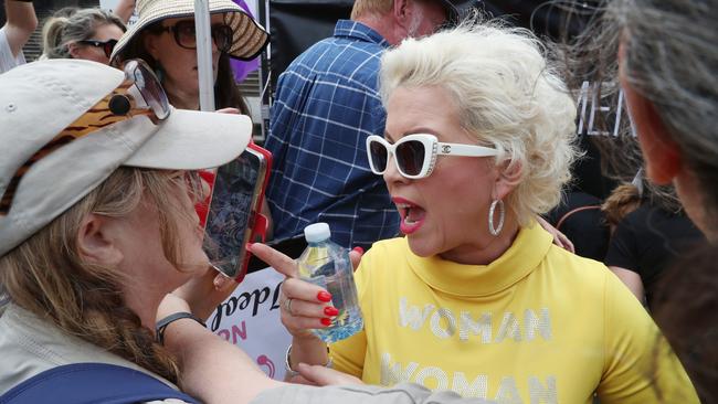 Neo-Nazis gatecrashed women's rights campaigner Kellie-Jay Keen, pictured arguing with a counter protester, during her Melbourne tour. Picture: NCA NewsWire