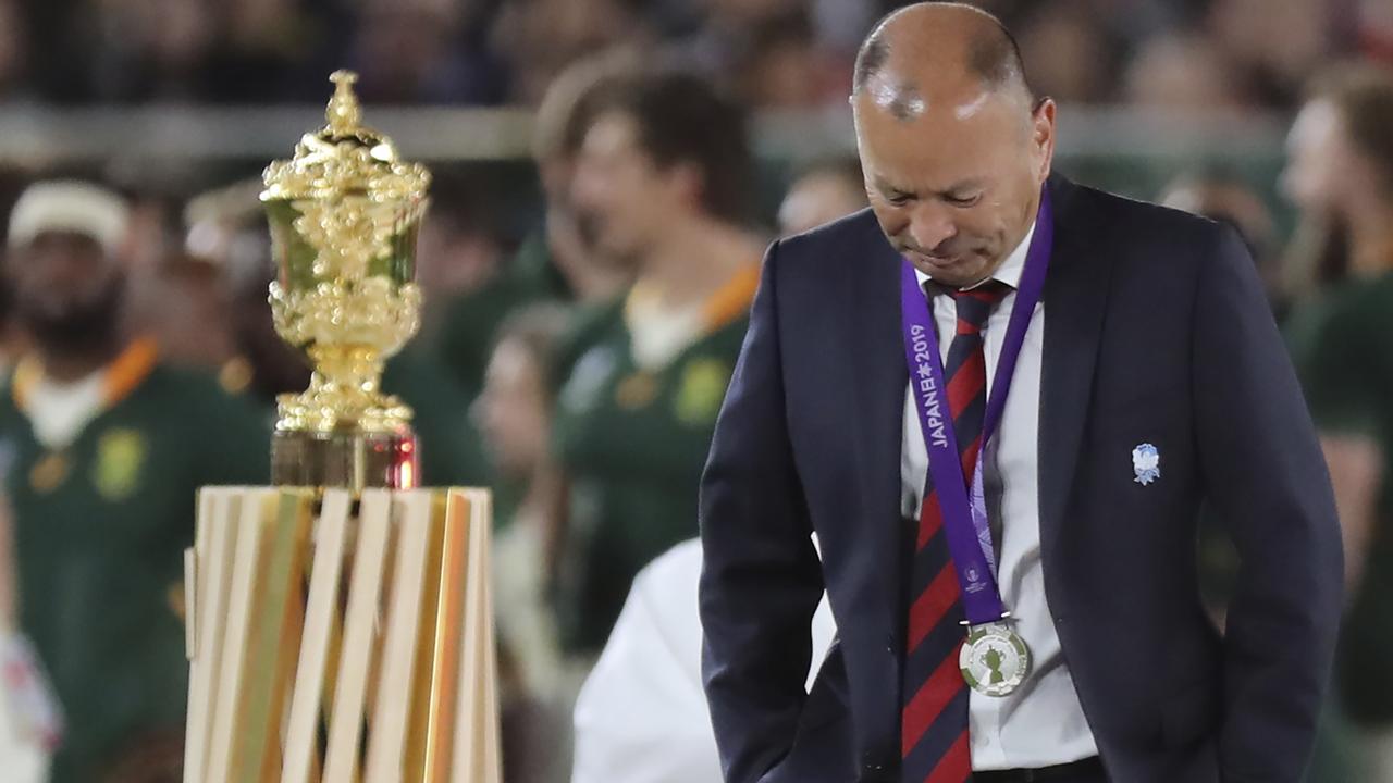 England coach Eddie Jones walks past the Webb Ellis Cup.