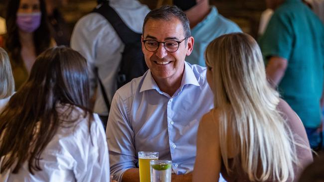 Premier Steven Marshall ends the final day of campaigning with a drink at the Golden Grove Tavern, in the northeast Adelaide suburb of Surrey Downs. Picture: Tom Huntley