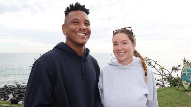 Breno Araujo and Emma Prosper at the Surf of Origin at Burleigh Beach. Picture: Annette Dew