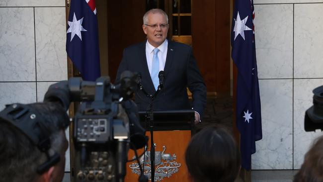 Prime Minister Scott Morrison during a press conference at Parliament House in Canberra this morning. Picture: Gary Ramage