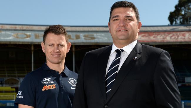 Carlton coach Brendon Bolton and President Mark LoGiudice at Ikon Park. Picture: Kylie Else