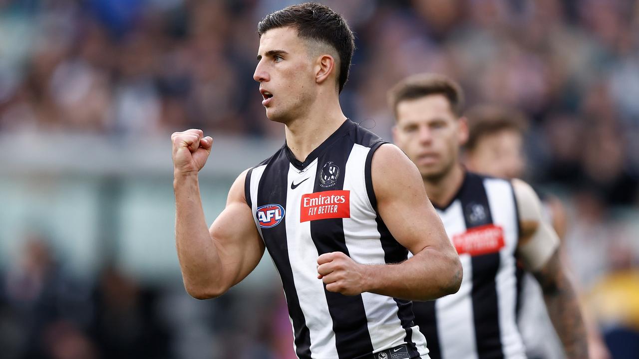 MELBOURNE, AUSTRALIA - JUNE 25: Nick Daicos of the Magpies celebrates a goal during the 2023 AFL Round 15 match between the Collingwood Magpies and the Adelaide Crows at the Melbourne Cricket Ground on June 25, 2023 in Melbourne, Australia. (Photo by Michael Willson/AFL Photos via Getty Images)