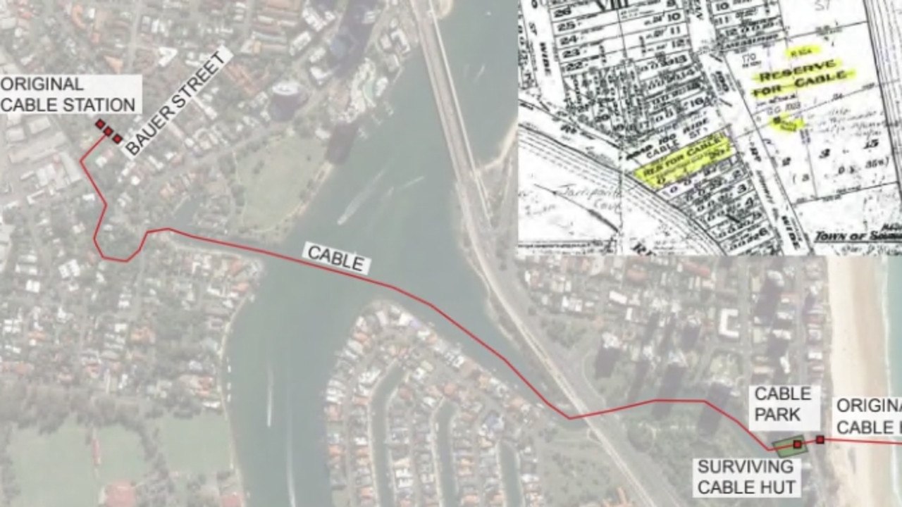 Graphic showing original Cable Park at Main Beach, the hut and cable line to Southport.