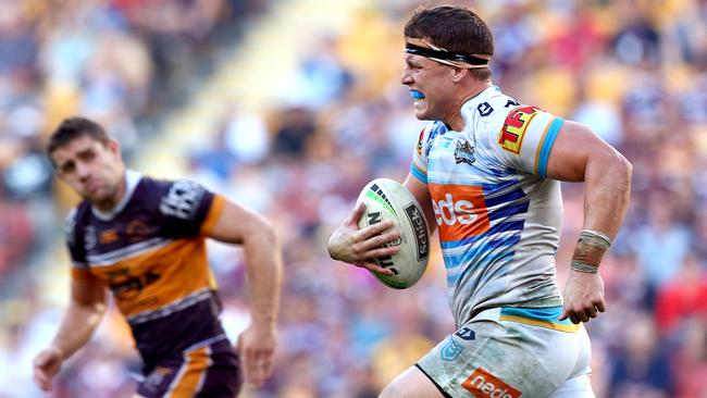 Jarrod Wallace makes a break for it after intercepting a kick. Picture: Jono Searle/Getty Images