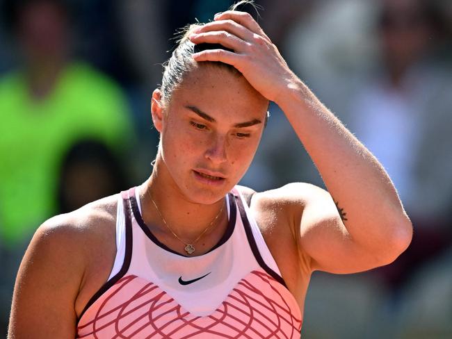 Belarus' Aryna Sabalenka reacts during her match against Belarus' Iryna Shymanovich during their women's singles match on day four of the Roland-Garros Open tennis tournament at the Court Suzanne-Lenglen in Paris on May 31, 2023. (Photo by Emmanuel DUNAND / AFP)