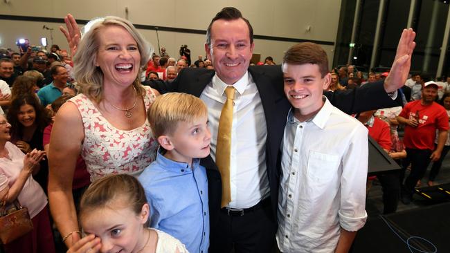 McGowan with his wife Sarah and children Amelia, Alexander and Samuel after his election victory in March 2017. Picture: AAP Image/Dan Peled