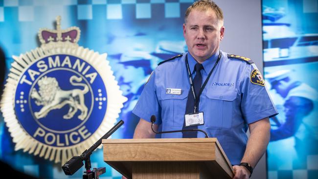 Police Acting Commander Doug Oosterloo speaks to the media. Picture: LUKE BOWDEN