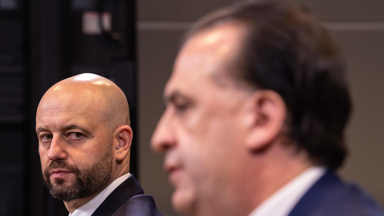National Rugby League Chief Executive Officer Todd Greenberg and Australian Rugby League Commission Chairman Peter Vâ€™landys speak to media during a press conference at Rugby League Central in Sydney, Monday, March 23, 2020. (AAP Image/James Gourley) NO ARCHIVING