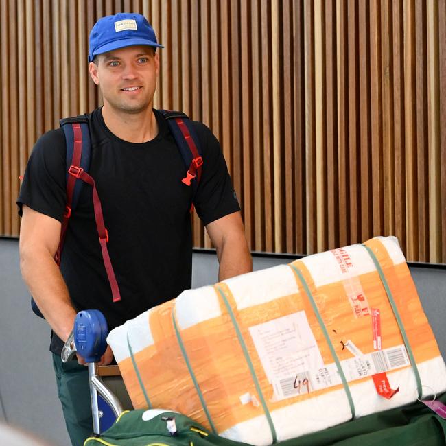 Alex Carey arrives back in Melbourne on his way to Adelaide after being a part of Australia’s World Cup winning squad in India. Picture: Morgan Hancock/Getty Images