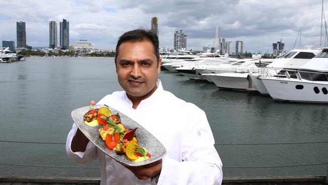 Kokum a sophisticated Indian restaurant is about to open at Palazzo Versace Hotel and pictured is head chef Sabir Merchant (dish is Sambal Burramundi with masala caviar) Picture David Clark