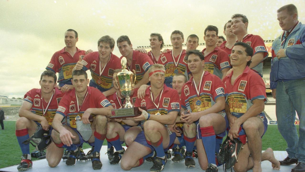 Toowoomba Clydesdales players celebrate winning the first ever Queensland Cup in 1996. Picture: Tony Martin