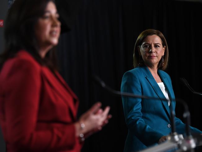 BRISBANE, AUSTRALIA - NewsWire Photos - OCTOBER 28, 2020. Queensland Premier Annastacia Palaszczuk (left) and opposition Leader Deb Frecklington engage in a debate during the Sky News - Courier Mail People's Forum at the Broncos Leagues club in Brisbane, ahead of the October 31 state election. Picture: NCA NewsWire / Dan Peled