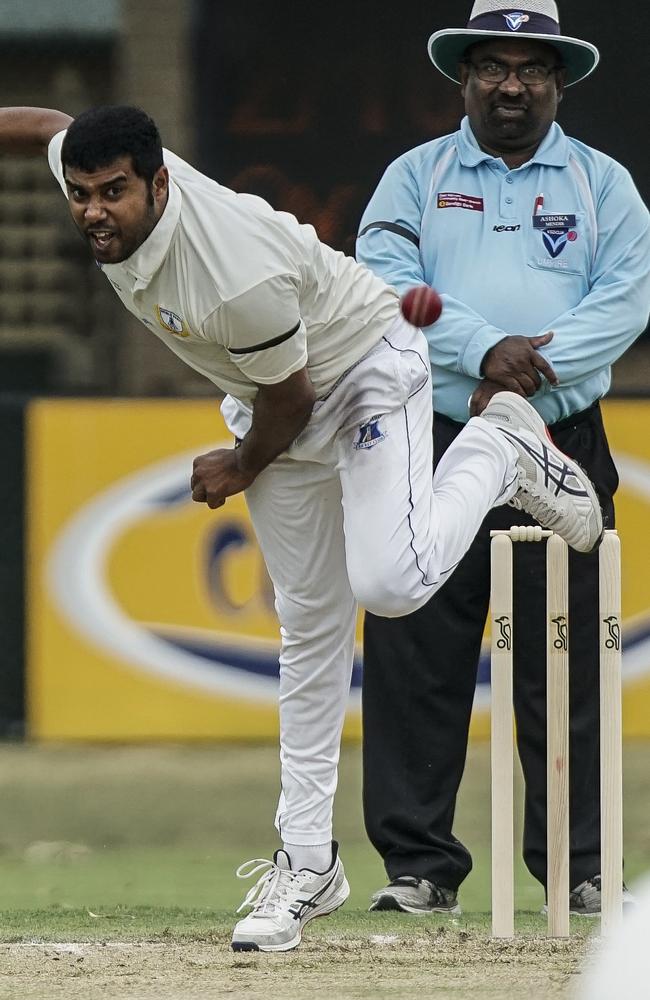 Nishantha Weerakkody lets fly for Noble Park. Picture: Valeriu Campan