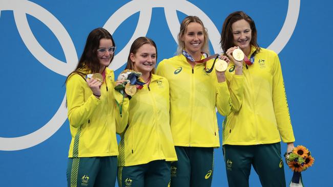 Gold medallist Kaylee McKeown, Chelsea Hodges Emma McKeon and Cate Campbell pose on the podium at the Olympic Games last year. Picture: Getty Images