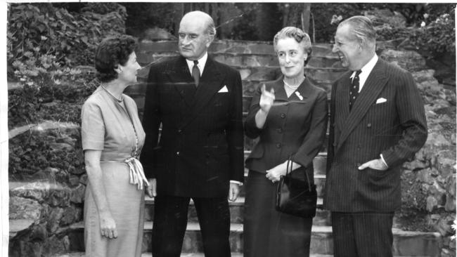 Governor-General Sir William Slim and Lady Slim (centre) with their host and hostess, Mr. and Mrs. E. W. Hayward, at their Springfield home Carrick Hill in 1958.