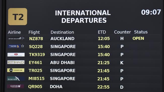 A destination board at the international terminal at Melbourne Airport showing a flight to Auckland, one of the few current flights out. That will change on April 19 when the travel bubble opens. Picture: NCA NewsWire / Andrew Henshaw