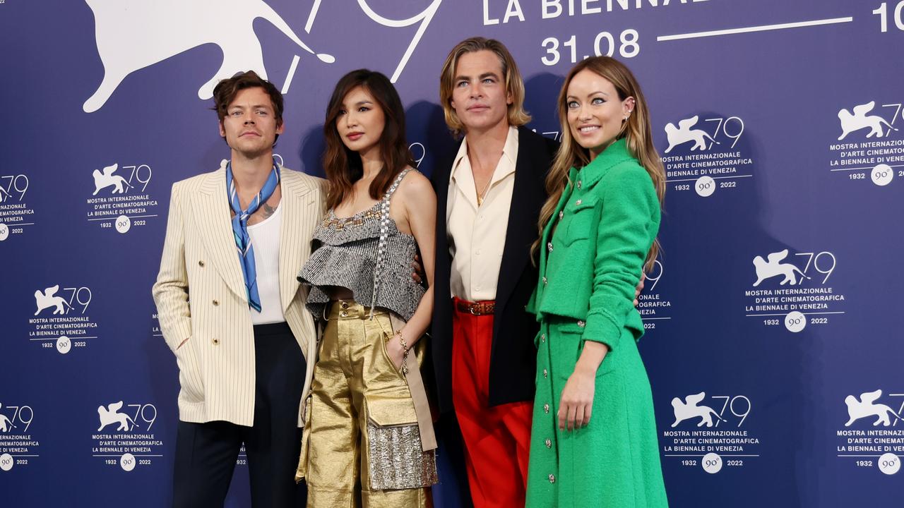 L-R: Styles, Gemma Chan, Chris Pine and director Olivia Wilde doing the rounds for Don’t Worry Darling in September last year. Picture: Vittorio Zunino Celotto/Getty