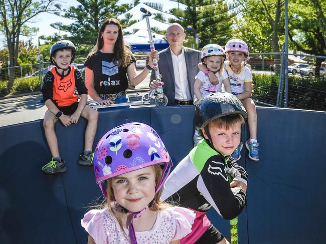 Burnside pump track.Burnside council's temporary pump track is up and running in the council's carpark. Mia 4 and Beau 6 February 25. 2020.PIC AAP Roy VanDerVegt