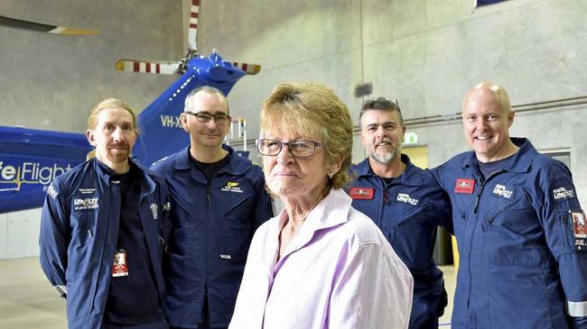 Margaret Woolley was impaled by steel rods that fell off a truck on the highway. Margaret returned to Lifeflight to meet the team who saved her life. From left; Dr Jacob Crosdale, Simon Cadzow, Scott Nichols, Murrary Gladwin. July 2019