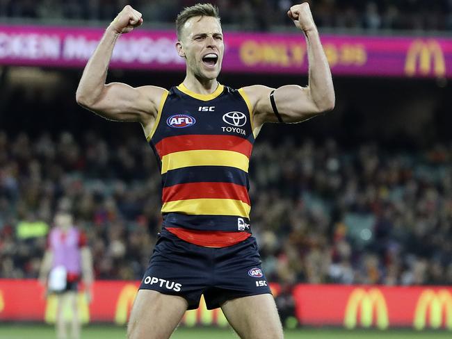 Brodie Smith celebrates his goal late in the fourth quarter in Adelaide’s 22-point win over St Kilda at Adelaide Oval last weekend. Picture: SARAH REED