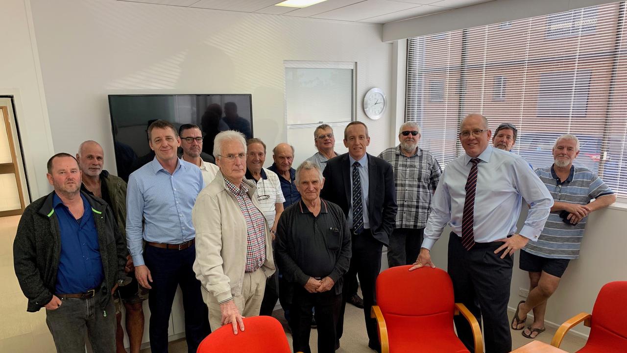 Gladstone Fish Market owner Ted Whittingham in the cream jacket and pants), Urangan Fisheries owner Nick Schulz with Law Essentials principle Chris Thompson and Clyde and Co partner Maurice Thompson with plaintiffs in the class action against Gladstone Ports Corporation.