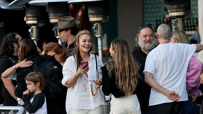 The lunch included (from left) Isla Fischer, Sacha Baron Cohen, Rita Ora, Russell Crowe and Christian Bale (back to camera, white shirt). Picture: Damian Shaw