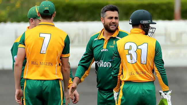 Hameed Kherkhah of Hawkesbury reacts after getting a wicket against St. George at Hurstville Oval on September 24. (Photo by Jeremy Ng/Newscorp Australia)