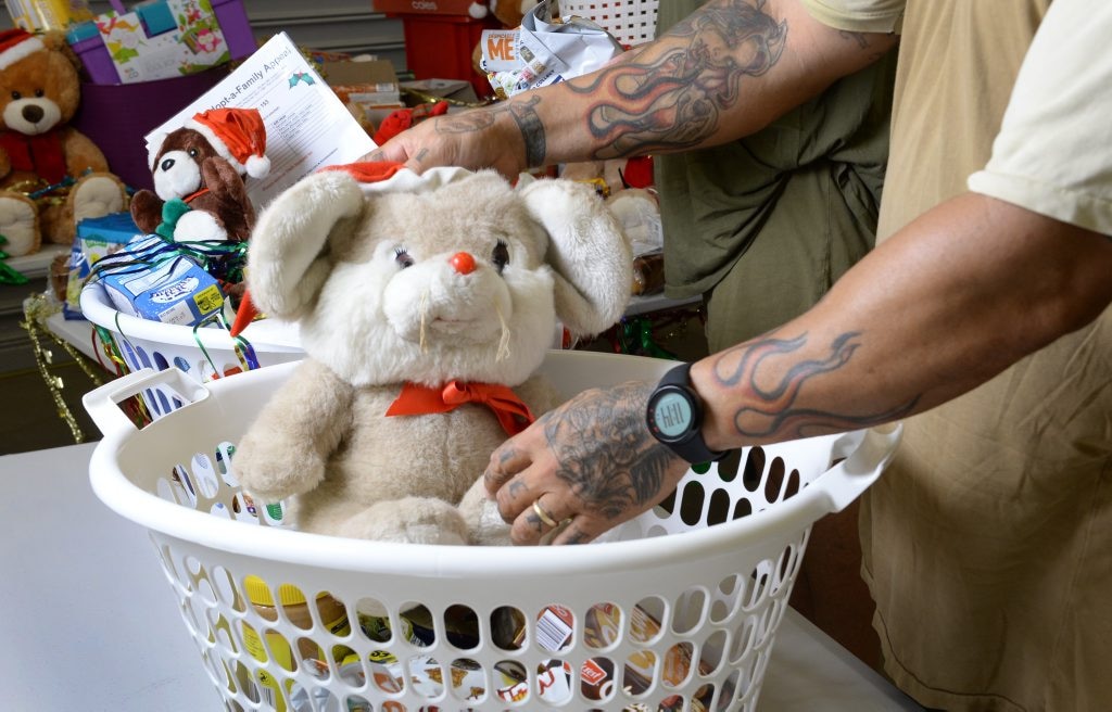 Prisoners John and Kevin from the Southern Queensland Correctional Centre help stock baskets full of goodies as part of the QT Adopt a Family Appeal. . Picture: Rob Williams