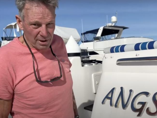 Sam Newman delivered his rant from his boat, called Angst. Picture: YouTube