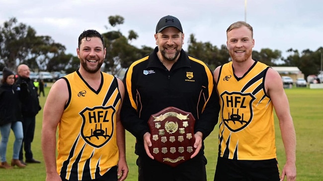 Hahndorf captain Sam Williams (left) with coach Matt Golding and teammate Sam Hayden at last year's interleague game. Picture: Mark Liebich