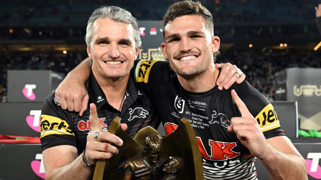 ** MUST CREDIT NRL PHOTOS** Ivan Cleary with son Nathan Cleary celebrates winning the NRL -Grand Final Penrith Panthers vs Parramatta Eels final at Accor Stadium .Picture: NRL Photos