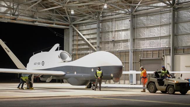 The first Royal Australian Air Force MQ-4C Triton uncrewed air system arrives in its new hangar at RAAF Base Tindal in the Northern Territory. Picture: Department of Defence