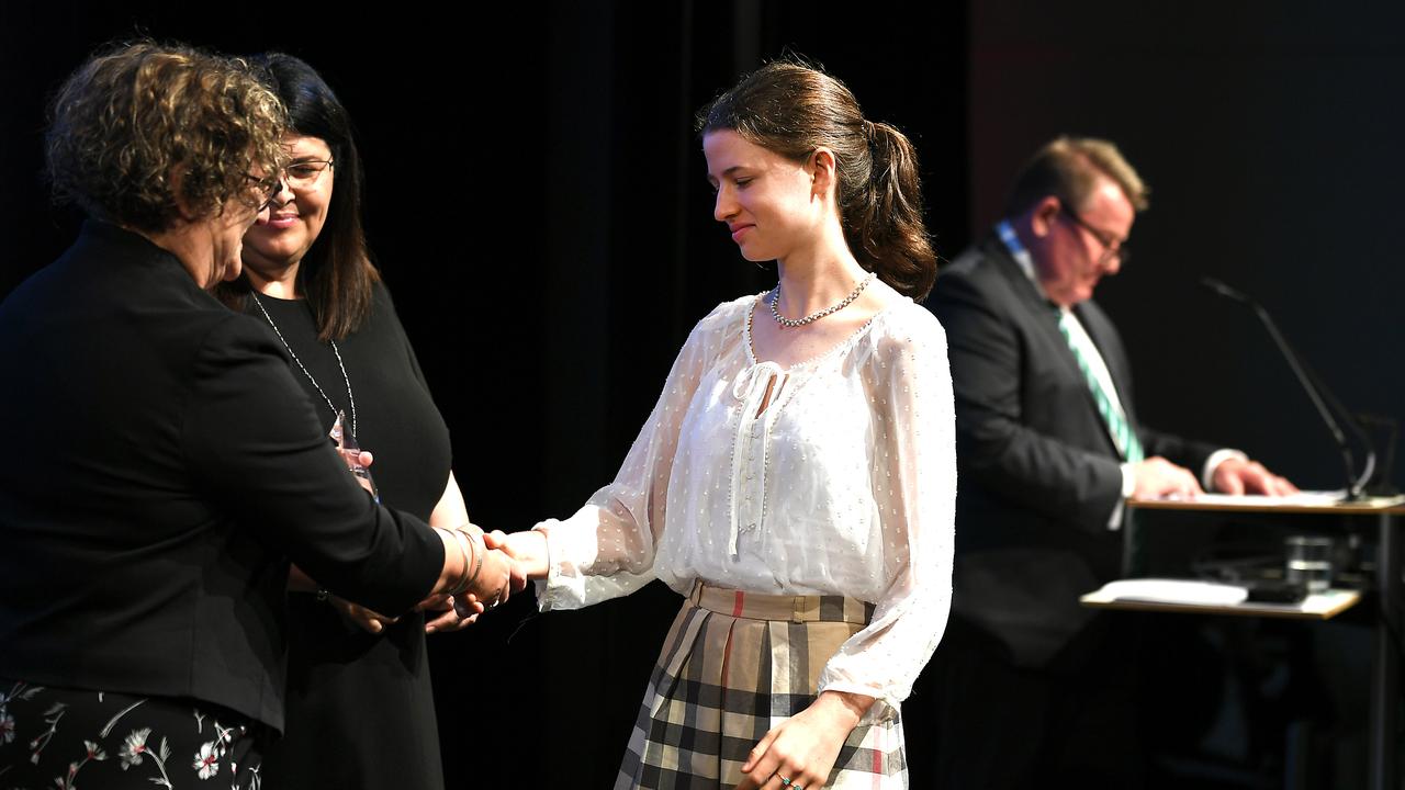 Claire Zemek receiving an award at the QCE Awards presentation. Picture: AAP/John Gass