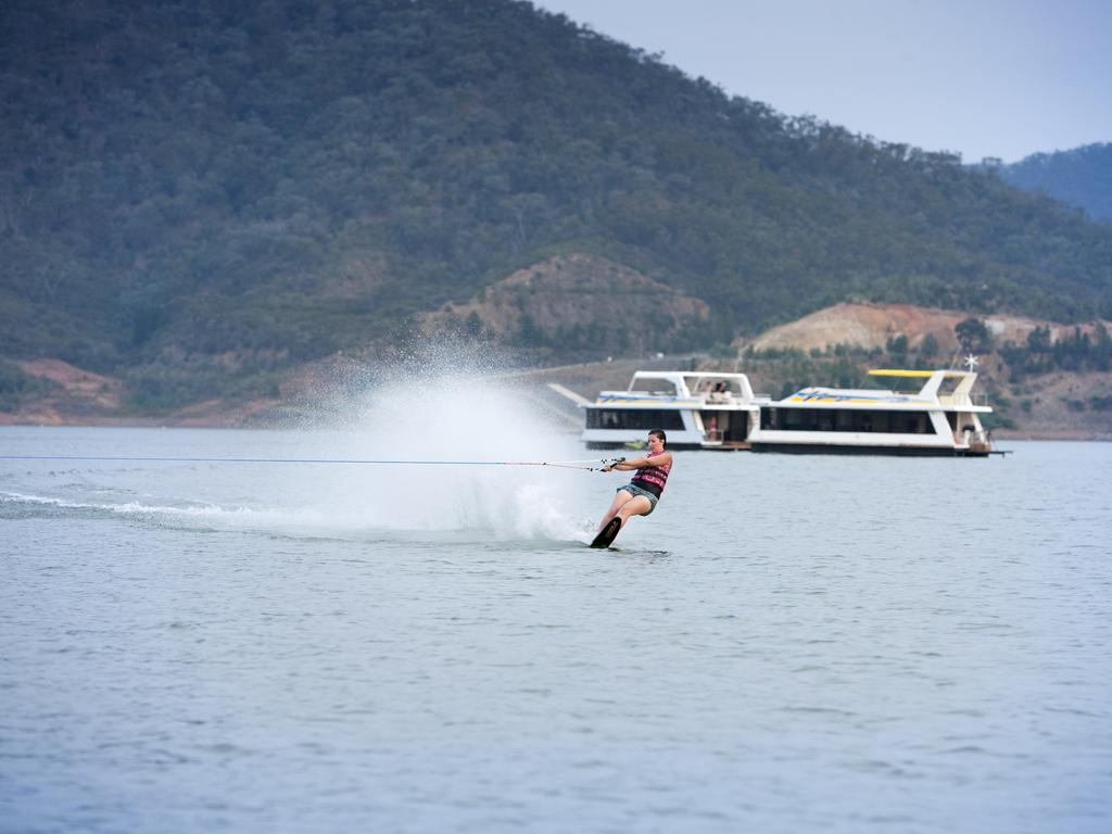 A water skier enjoys the popular Lake Eildon, where authorities warn unpredictable water conditions will reign this summer. Picture: Goulburn-Murray Water