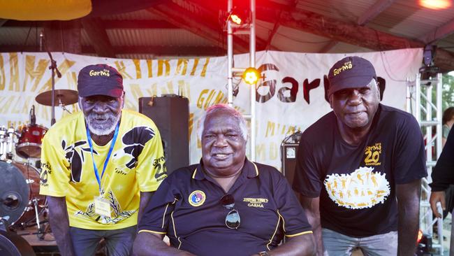 Yunupingu with Djunga Djunga Yunupingu and Balupalu Yunupingu at Garma in 2019. Picture: Peter-Eve