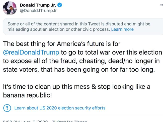 Donald Trump Jr’s chilling tweet. Picture: Twitter