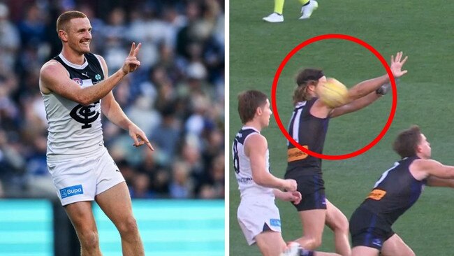 Cottrell celebrates his goal and the moment Fremantle felt Aish touched Hewett’s kick. Photos: Getty Images/Fox Footy